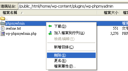 刪除外掛下的這個子目錄wp-phpmyadmin